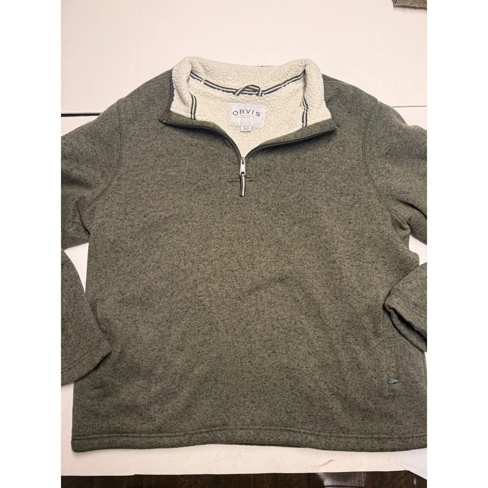 Orvis Mens XXL Quarter Zip Sherpa Lined Fleece Pullover Heather Olive Green
